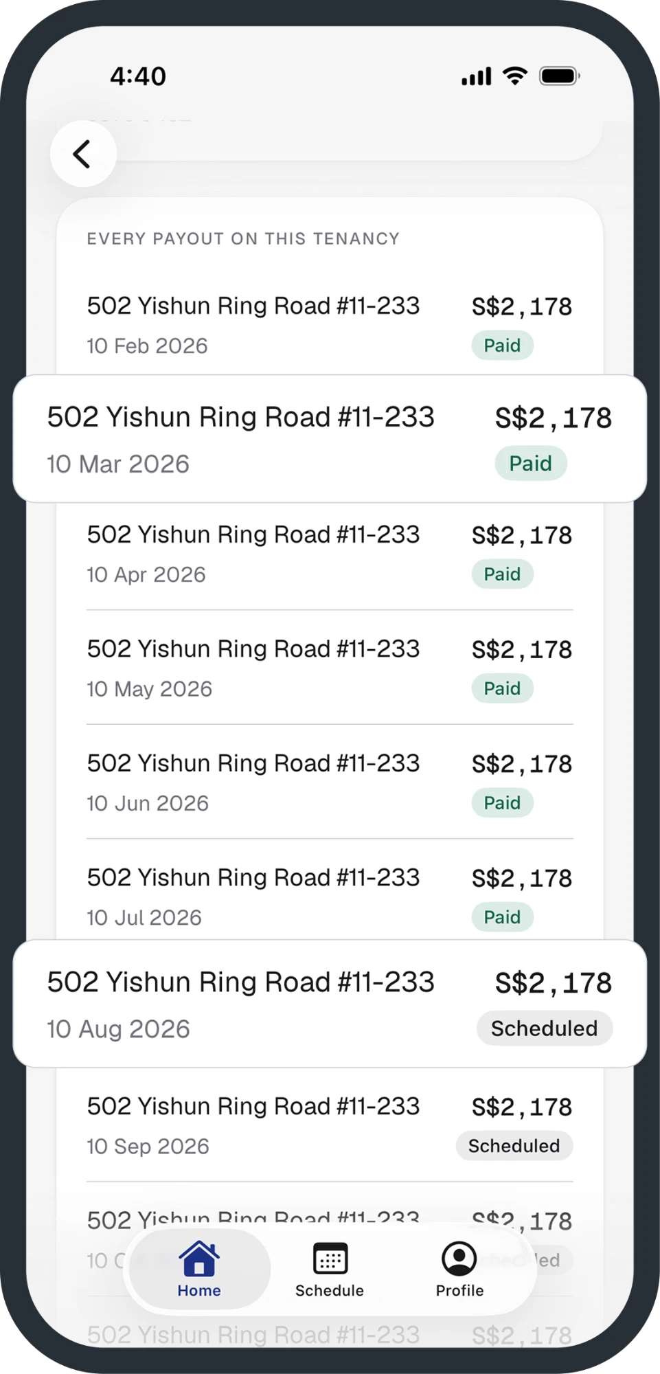 LyteLease app payout history screen, showing paid and scheduled payouts on a tenancy