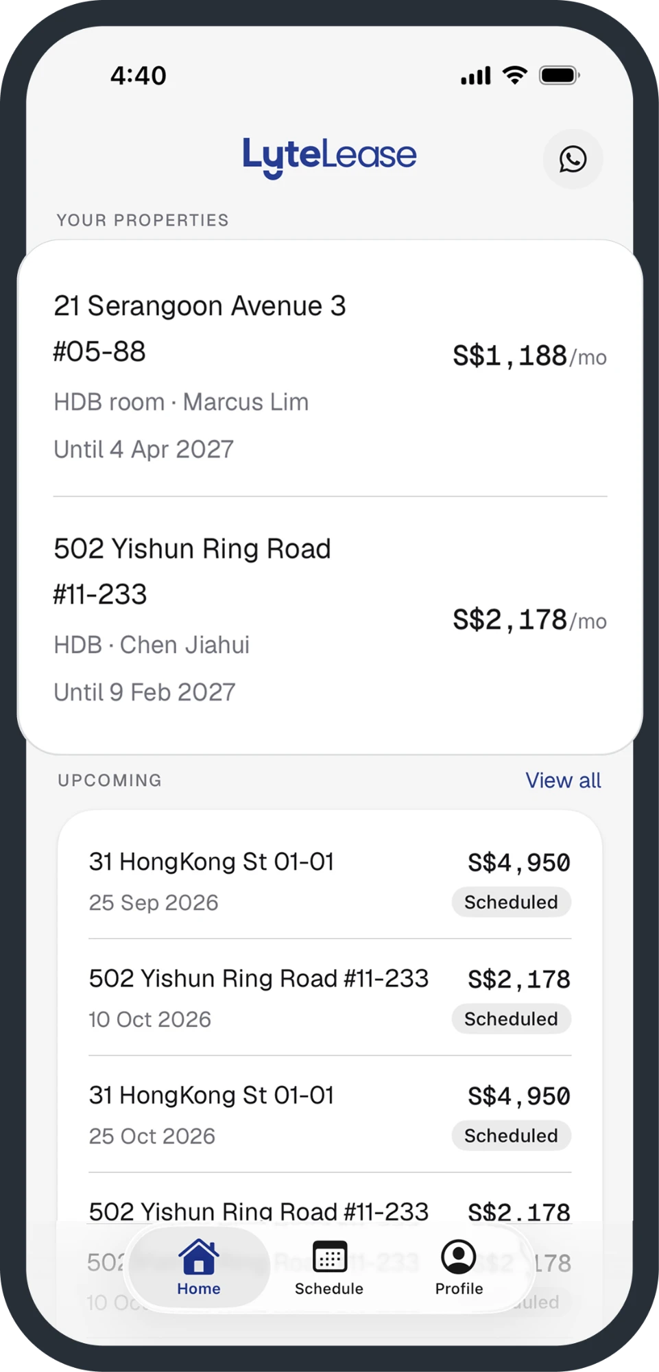LyteLease app home screen, showing your properties and upcoming payouts