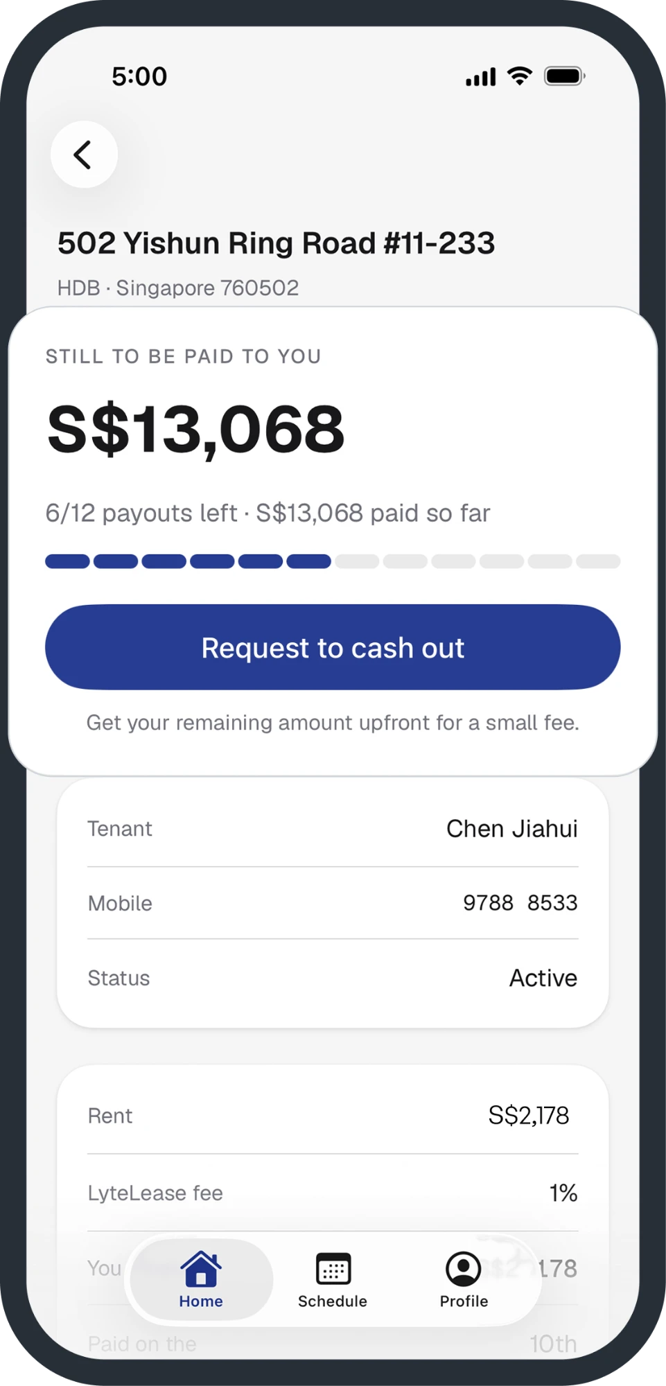 LyteLease app property screen, showing rental income still to be paid and a request to cash out button